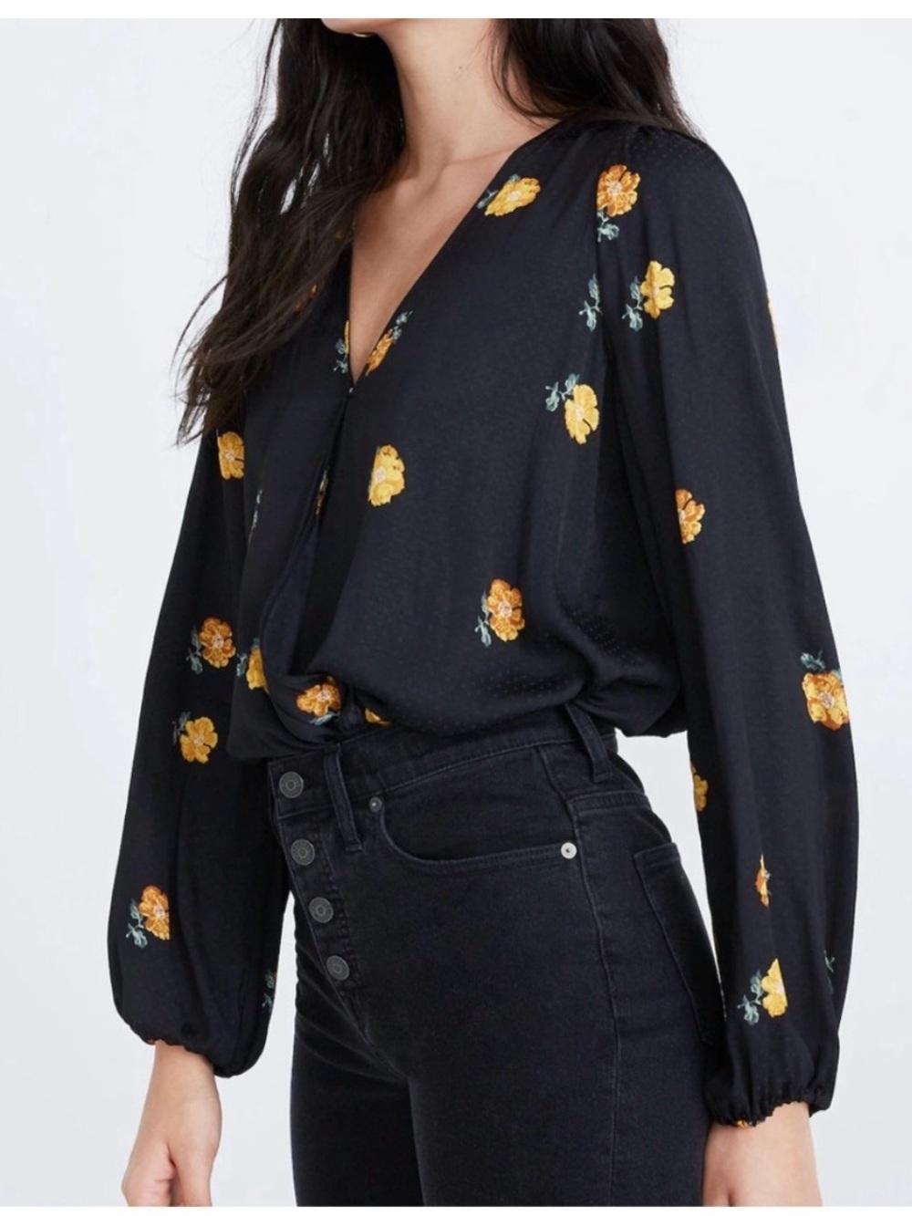 Madewell black and yellow floral wrap top